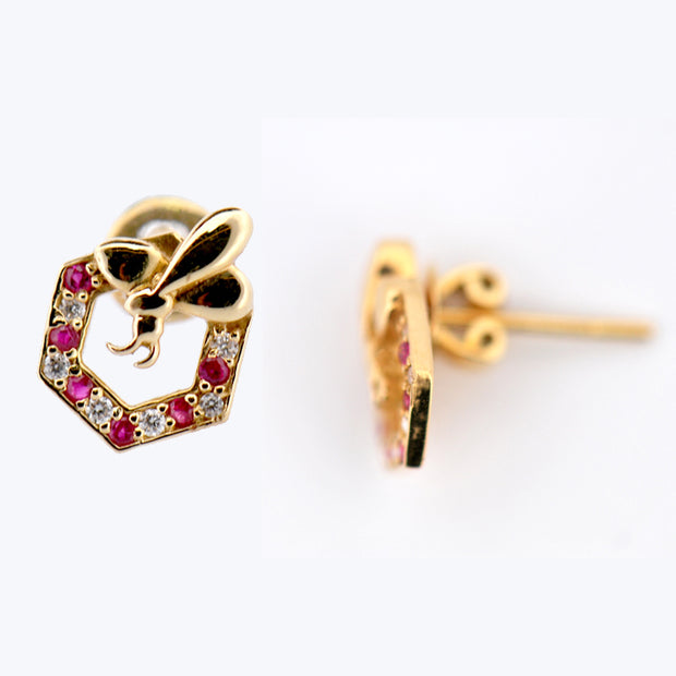 18k Yellow Gold Ruby and Diamond Stud Earring