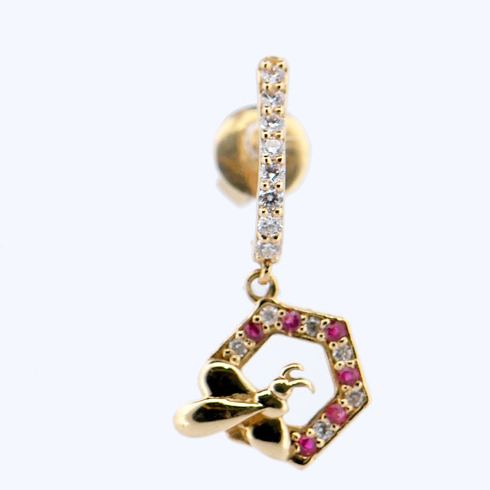 18k Yellow Gold Ruby and Diamond Drop Earring