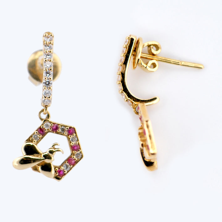 18k Yellow Gold Ruby and Diamond Drop Earring